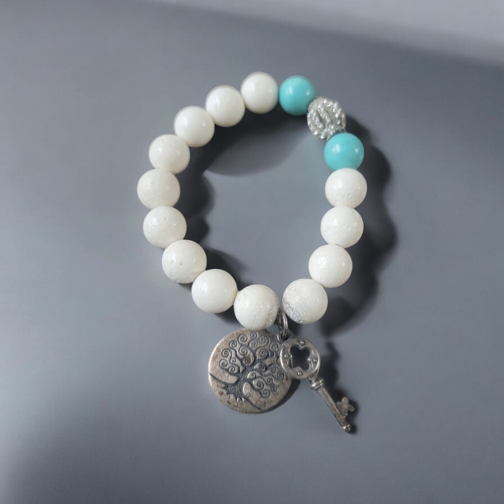White and Turquoise Beaded Bracelet with Tree Charm